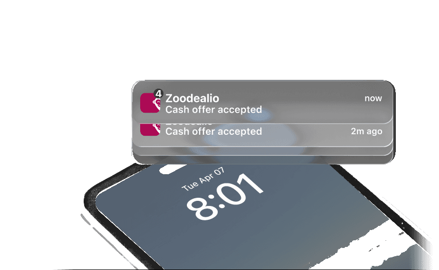 Zoodealio cash offer accepted notifications on a phone lock screen