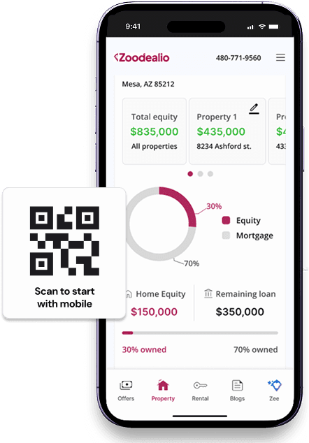 Zoodealio home dashboard on mobile with QR code to start